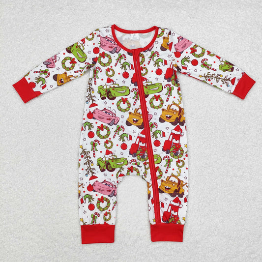 BAMBOO RTS NO MOQ ETA 5/7days LR1559 cars Modal Christmas cartoon car red and white zipper long sleeve jumpsuit