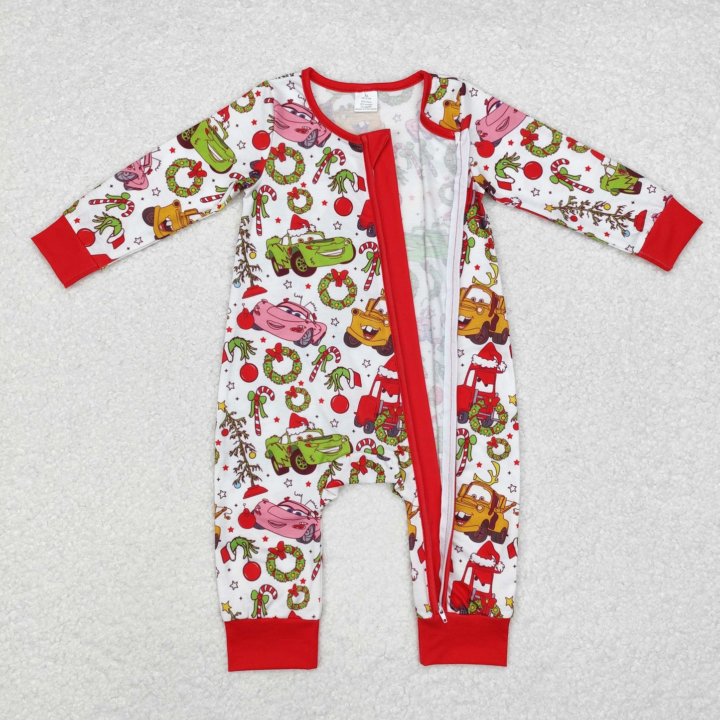 BAMBOO RTS NO MOQ ETA 5/7days LR1559 cars Modal Christmas cartoon car red and white zipper long sleeve jumpsuit