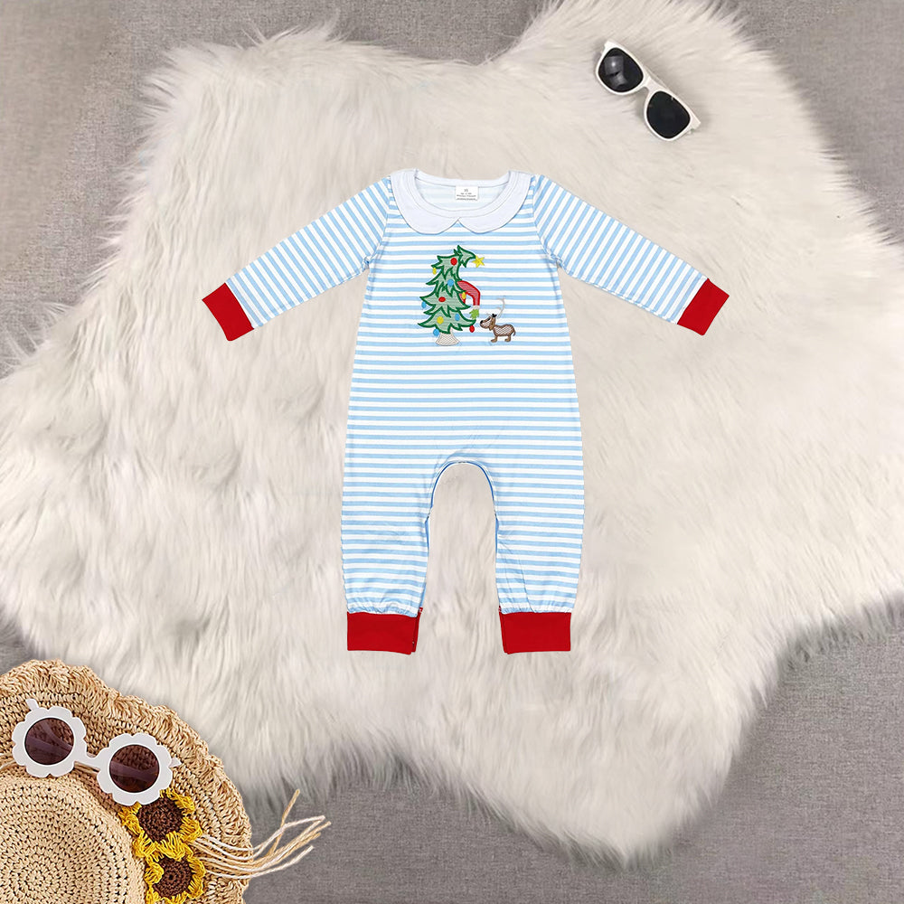 RTS NO MOQ Sibling Baby boys girls Christmas embroidery trees long-sleeved trousers suit & romper