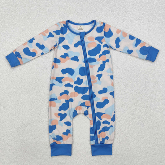 BAMBOO RTS NO MOQ ETA 5/7days Arrived LR1574 Modal camouflage sky blue zipper long-sleeved jumpsuit