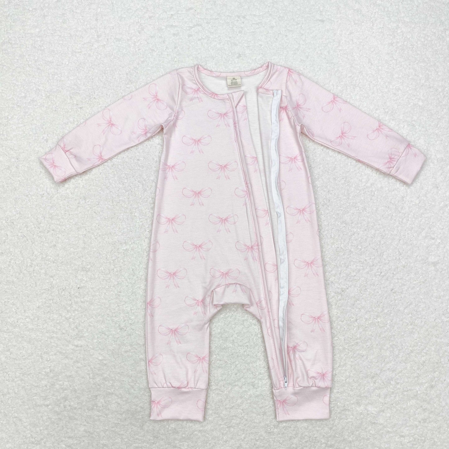 bamboo rts no moq LR1579 Modal pink bow print long sleeve zip-up jumpsuit