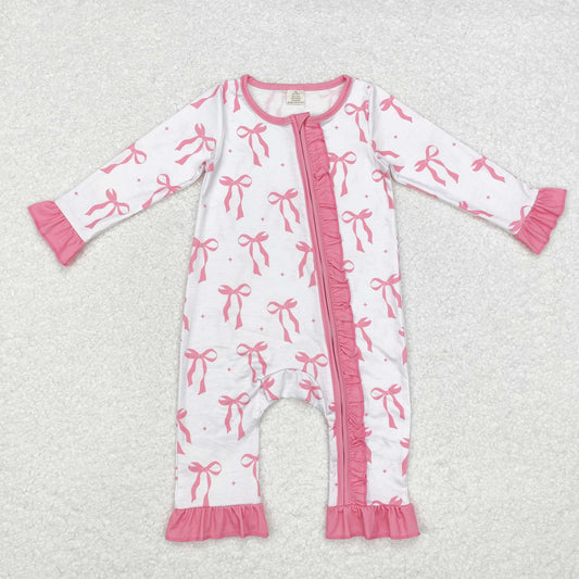 bamboo rts no moq LR1584 Modal pink bow lace long-sleeved jumpsuit