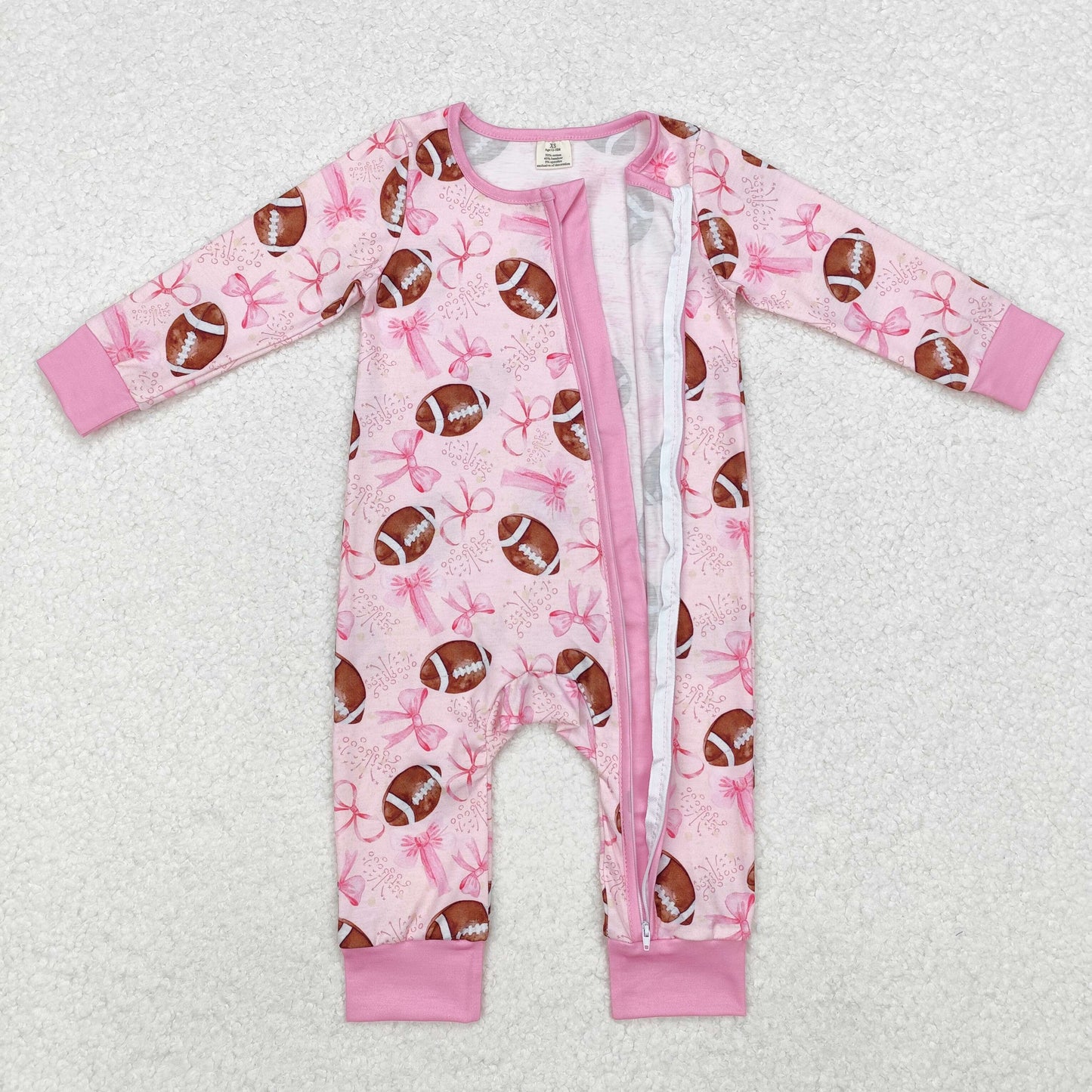 BAMBOO RTS NO MOQ ETA 5/7days Arrived LR1595 Modal football bow zipper pink long sleeve jumpsuit