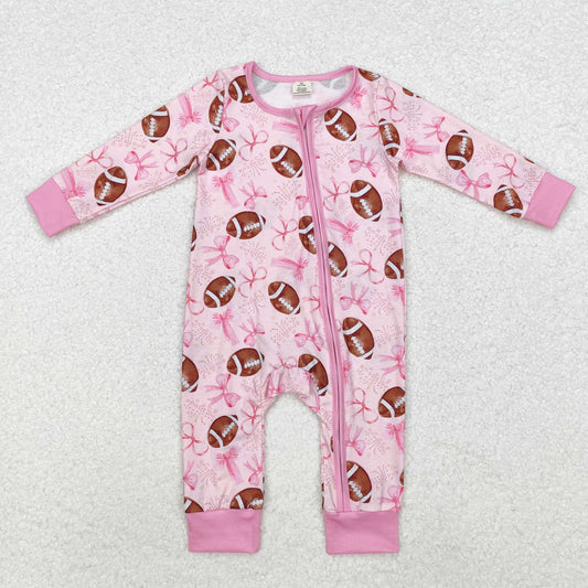 BAMBOO RTS NO MOQ ETA 5/7days Arrived LR1595 Modal football bow zipper pink long sleeve jumpsuit