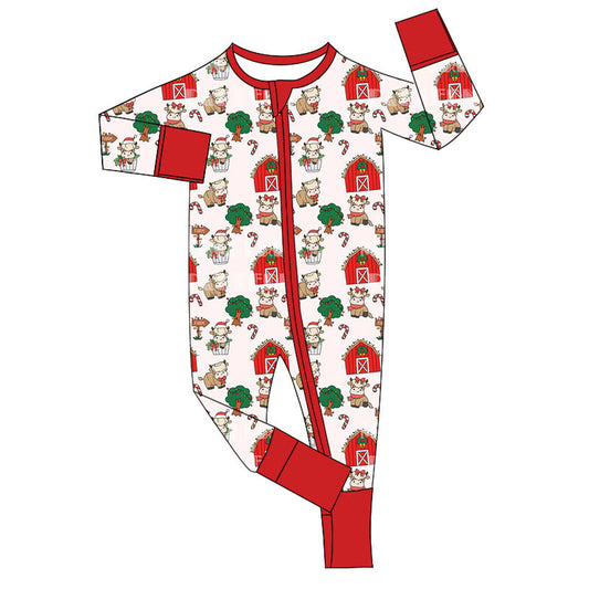 no moq sales LR1598 pre-order baby boys clothes Christmas farm house red long Romper-2024.7.29