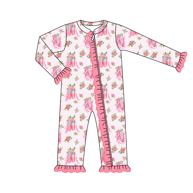 no moq sales LR1601 pre-order baby girls clothes ballet shoes floral pink long Romper-2024.7.29