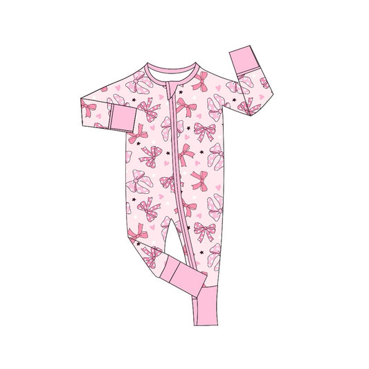 no moq sales LR1608 pre-order baby girls clothes bow pink long Romper-2024.7.30