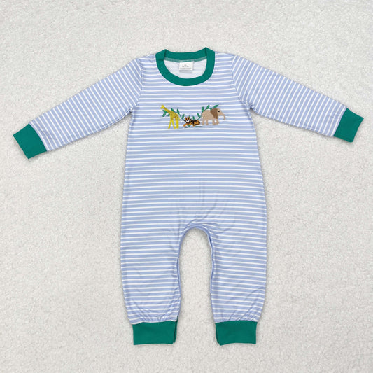 RTS NO MOQ ETA 5/7days arrived LR1616 Embroidery animal giraffe tiger elephant striped blue green long-sleeved jumpsuit