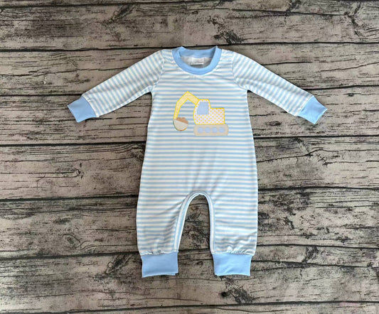 no moq sales LR1617 pre-order baby boys clothes embroidery excavator striped long Romper