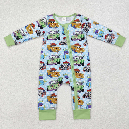 BAMBOO RTS NO MOQ ETA 5/7days Arrived LR1622 Modal Cars Cartoon Car White Cloud Blue Green Zipper Long Sleeve Jumpsuit