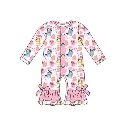 no moq sales LR1635 pre-order baby girls clothes Christmas cartoon dog pink long sleeve Romper-2024.8.1