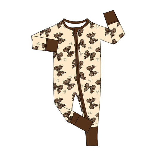 no moq sales LR1638 pre-order baby girls clothes camouflage bow beige long sleeve Romper-2024.8.2