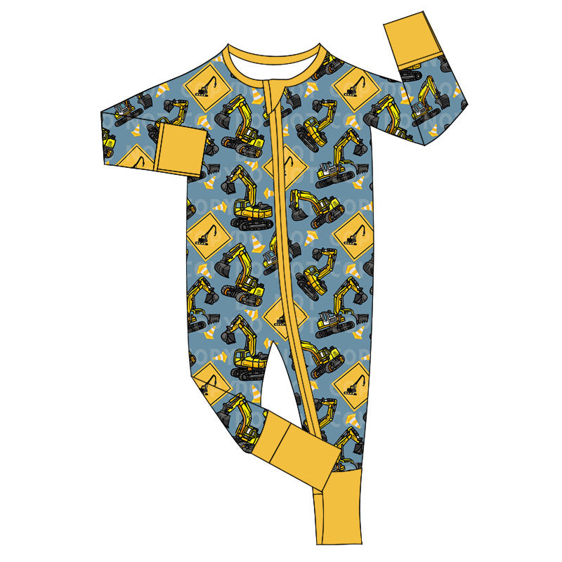 no moq sales LR1639 pre-order baby boys clothes excavator long sleeve Romper-2024.8.2