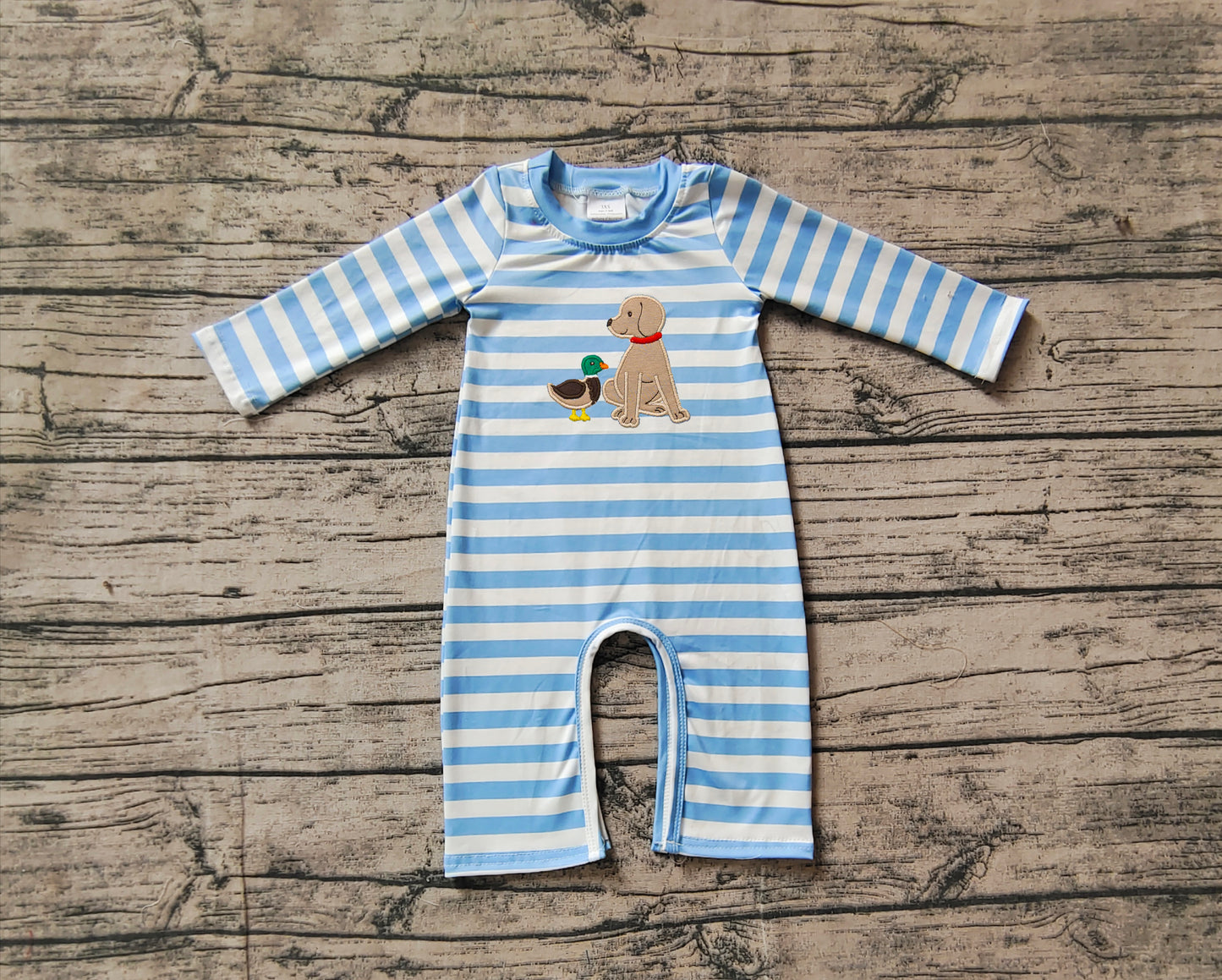 no moq sales LR1644 pre-order baby boys clothes embroidery blue puppy long sleeve Romper