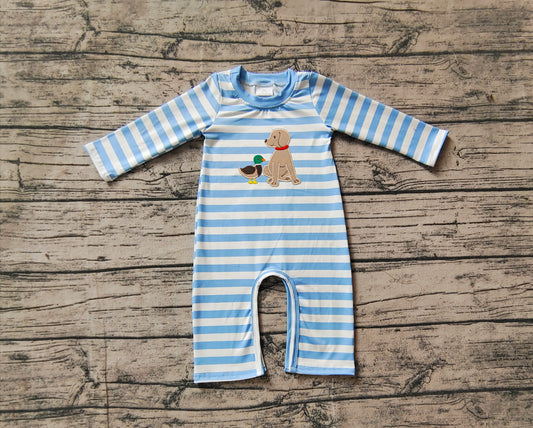 no moq sales LR1644 pre-order baby boys clothes embroidery blue puppy long sleeve Romper