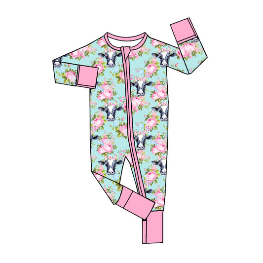 no moq sales LR1647 pre-order baby girls clothes cow head floral pink long sleeve Romper-2024.8.3