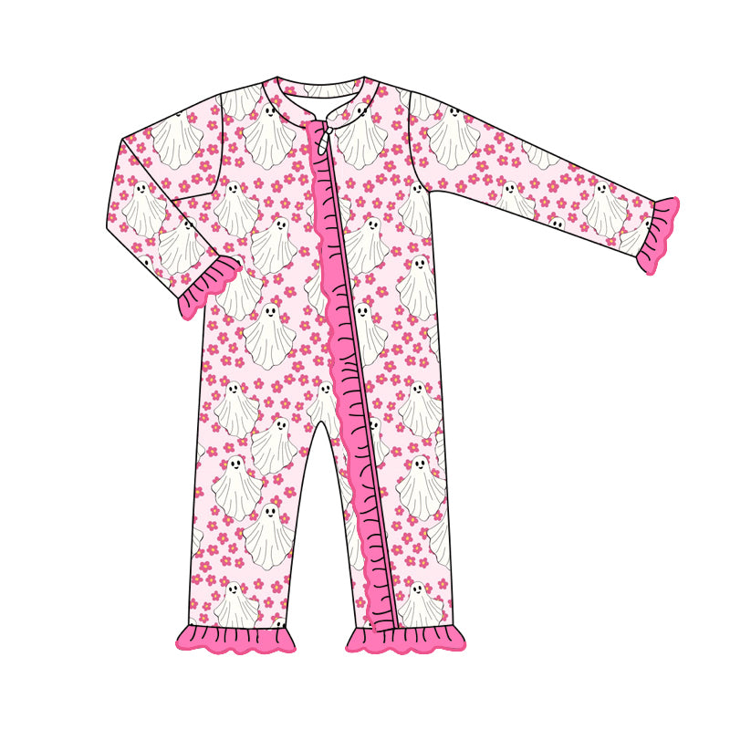 no moq sales LR1648 pre-order baby girls clothes floral ghost pink long sleeve Romper-2024.8.3