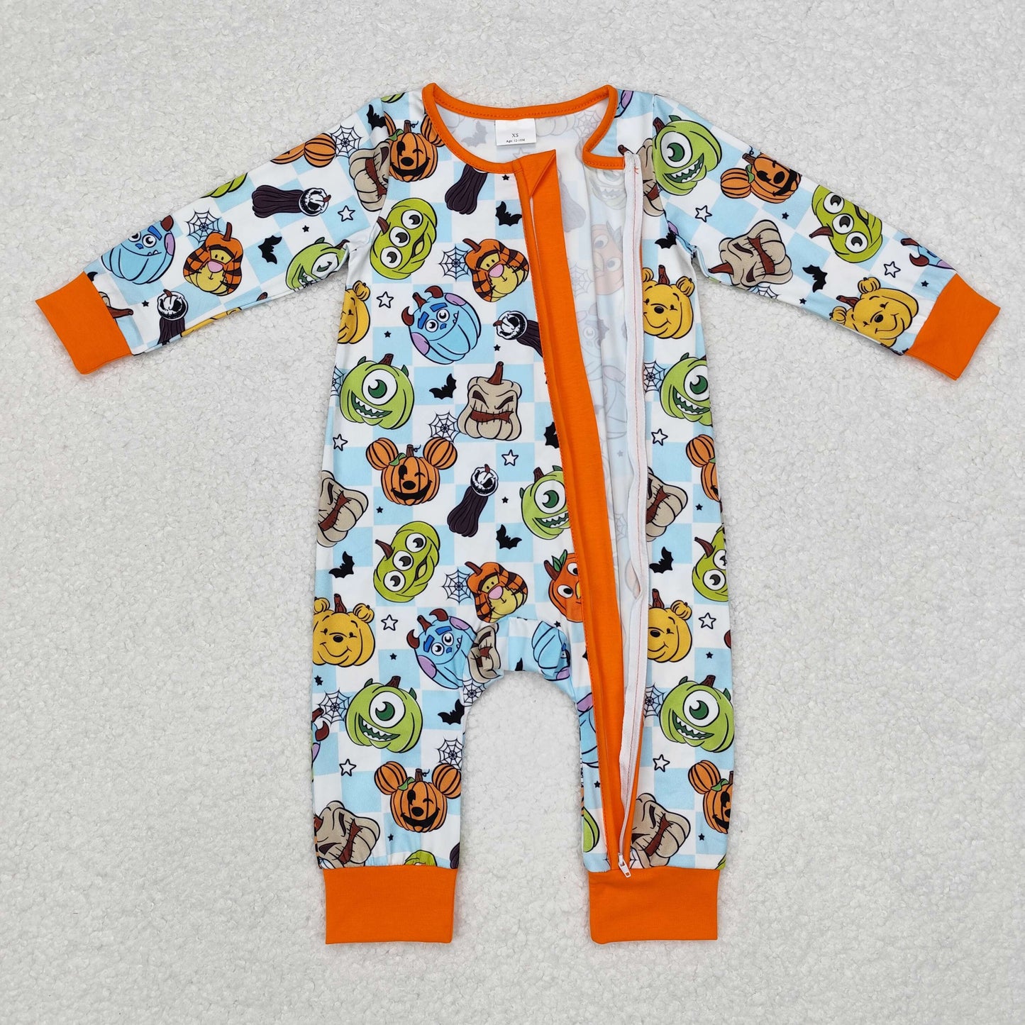 RTS NO MOQ ETA 5/7days LR1650 Halloween Monsters University Orange Edge Blue and White Plaid Zipper Long Sleeve Jumpsuit