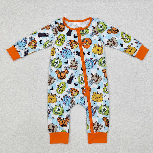 RTS NO MOQ ETA 5/7days LR1650 Halloween Monsters University Orange Edge Blue and White Plaid Zipper Long Sleeve Jumpsuit