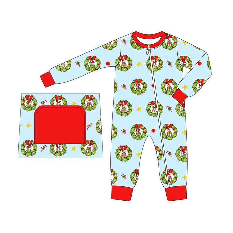 no moq sales LR1665 pre-order baby boys clothes Christmas blue and green long sleeve Romper-2024.8.3