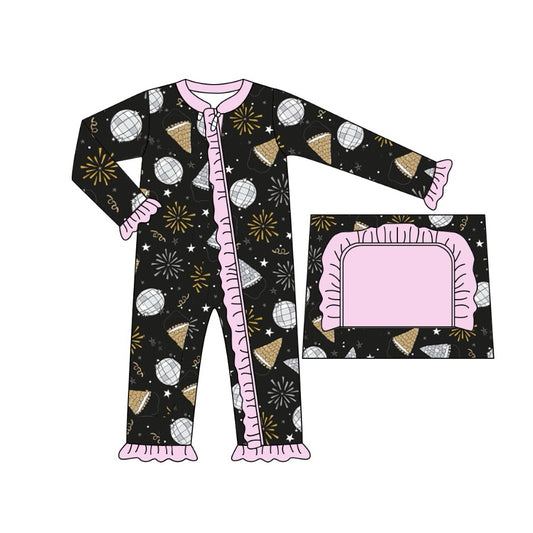 no moq sales LR1666 pre-order baby girls clothes happy new year black and pink long sleeve Romper-2024.8.3