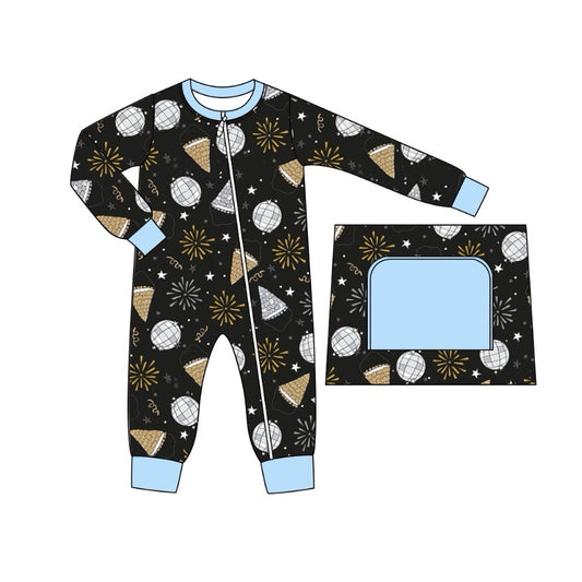 no moq sales LR1667 pre-order baby boys clothes happy new year black and blue long sleeve Romper-2024.8.3