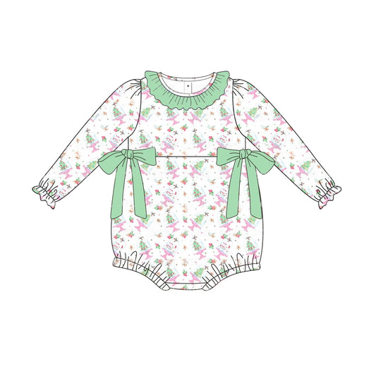 no moq sales LR1678 pre-order baby girls clothes Christmas trees light green long sleeve Romper-2024.8.5