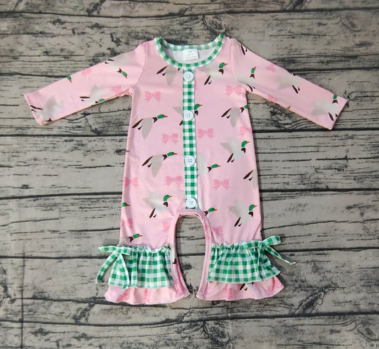 no moq sales LR1689 pre-order baby girls clothes ducks bow pink long sleeve Romper