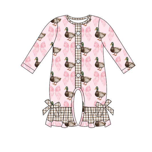 no moq sales LR1690 pre-order baby girls clothes ducks bow pink long sleeve Romper-2024.8.7