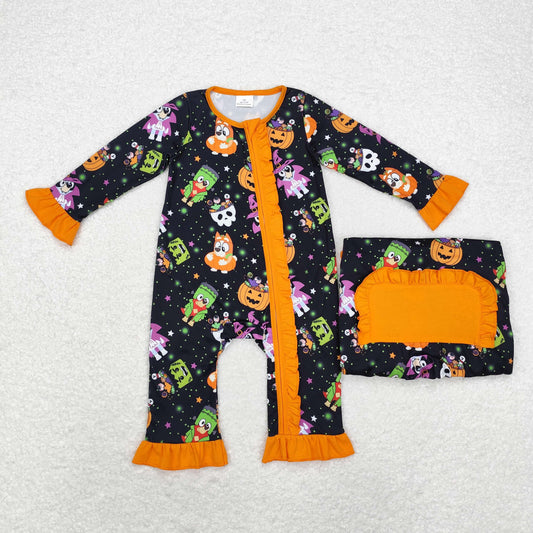 rts no moq LR1694 bluey Halloween pumpkin star lace black and orange zipper long-sleeved jumpsuit