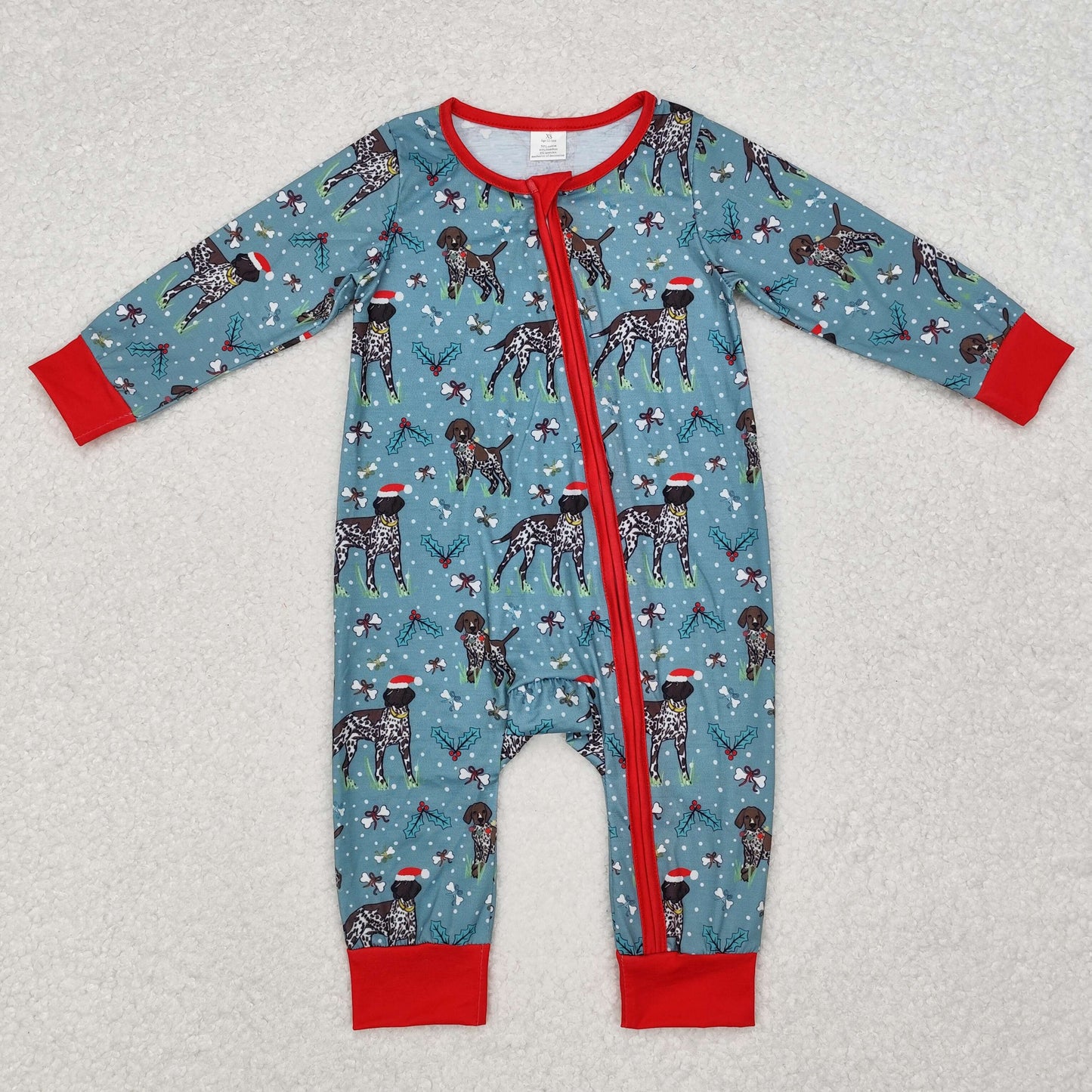 BAMBOO RTS NO MOQ ETA 5/7days LR1768 Modal Christmas puppy red and green zipper long-sleeved jumpsuit