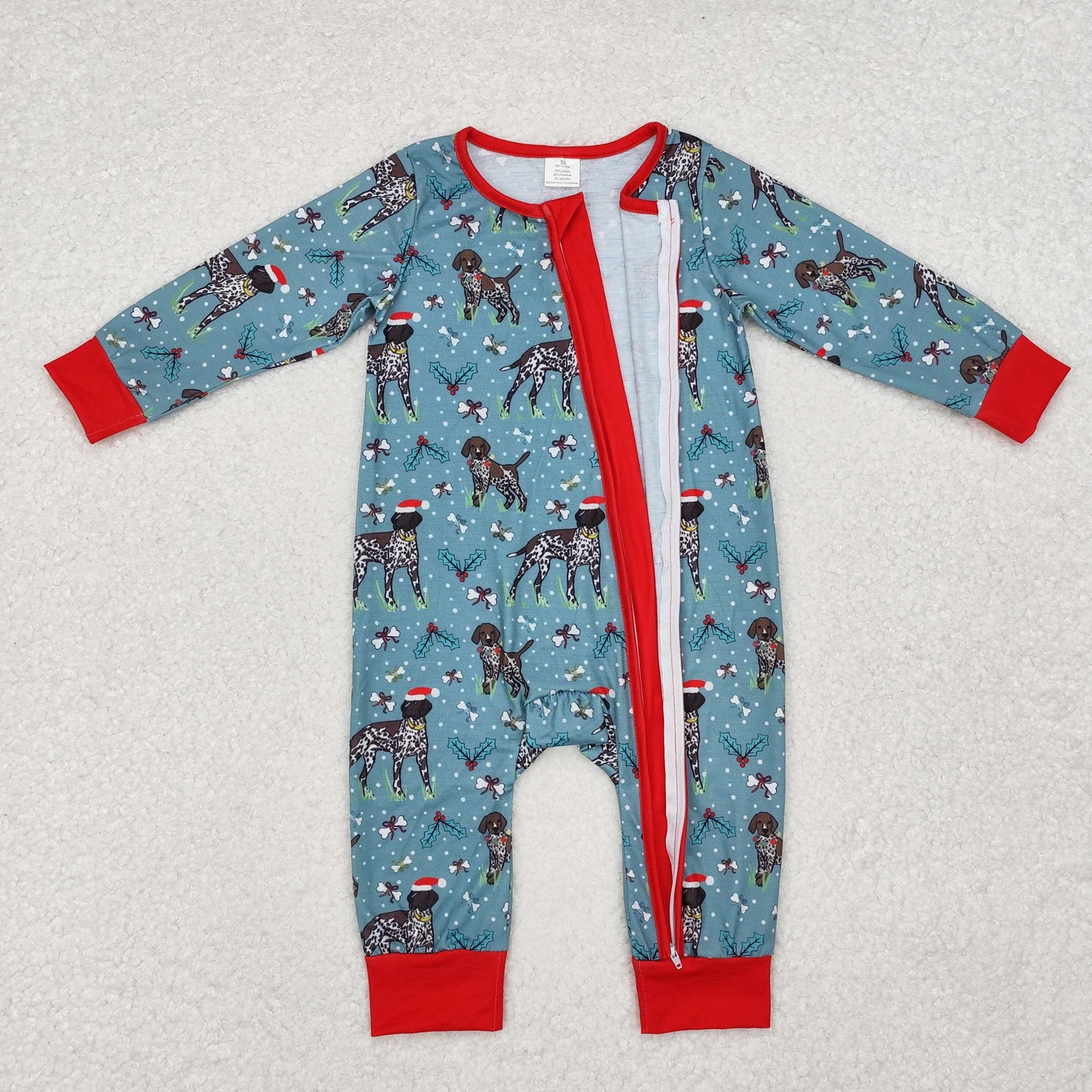 BAMBOO RTS NO MOQ ETA 5/7days LR1768 Modal Christmas puppy red and green zipper long-sleeved jumpsuit