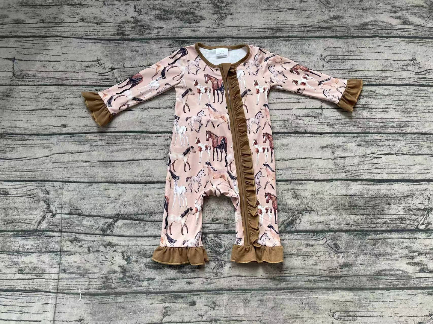 no moq sales LR1771 pre-order baby girls clothes riding horse brown long sleeve Romper