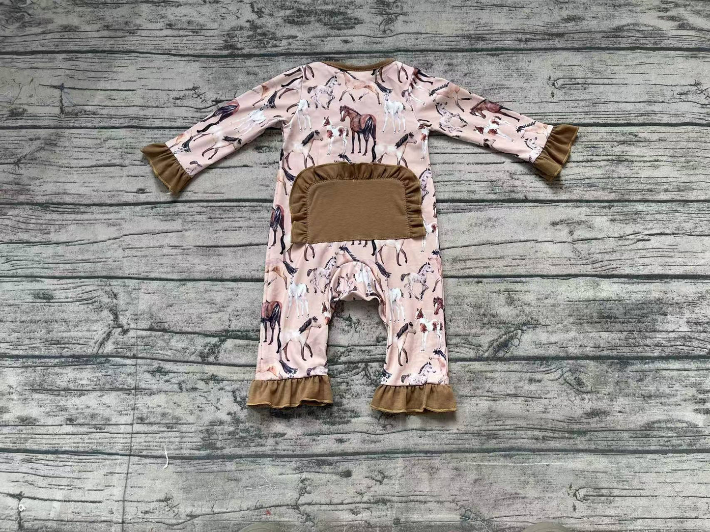 no moq sales LR1771 pre-order baby girls clothes riding horse brown long sleeve Romper