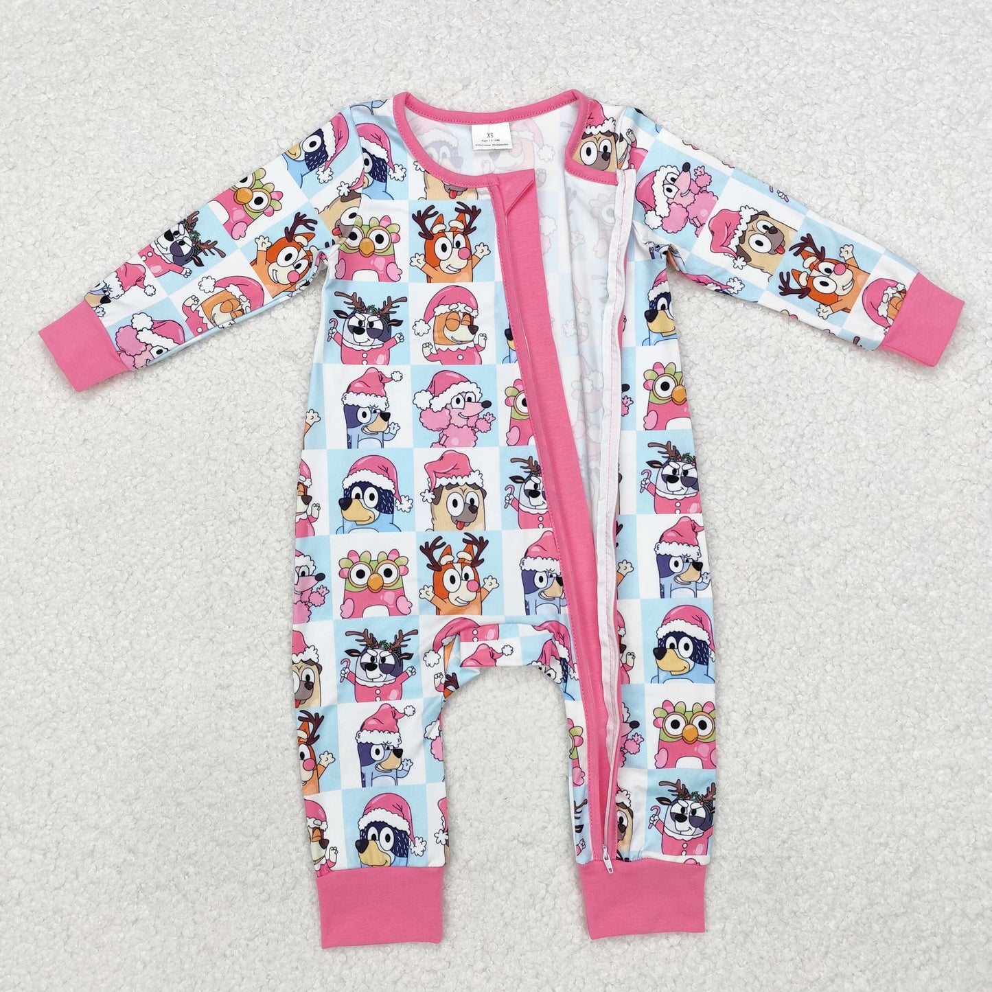 RTS NO MOQ ETA 5/7days arrived LR1783 bluey Christmas pink edge blue and white plaid zipper long sleeve jumpsuit