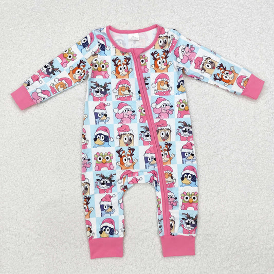 RTS NO MOQ ETA 5/7days arrived LR1783 bluey Christmas pink edge blue and white plaid zipper long sleeve jumpsuit