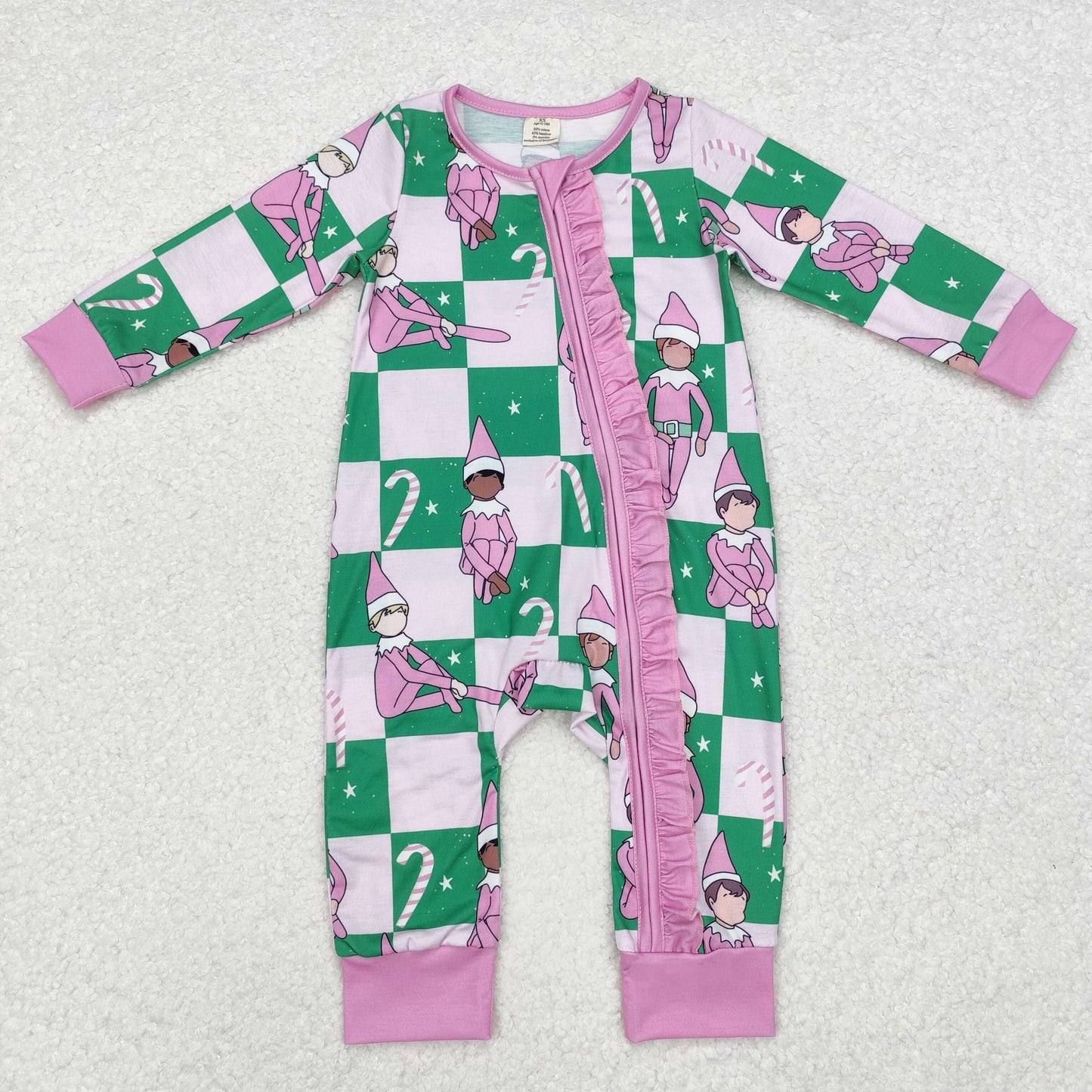 BAMBOO RTS NO MOQ ETA 5/7days LR1818 Modal Christmas elf cane lace green and pink plaid zipper long-sleeved jumpsuit