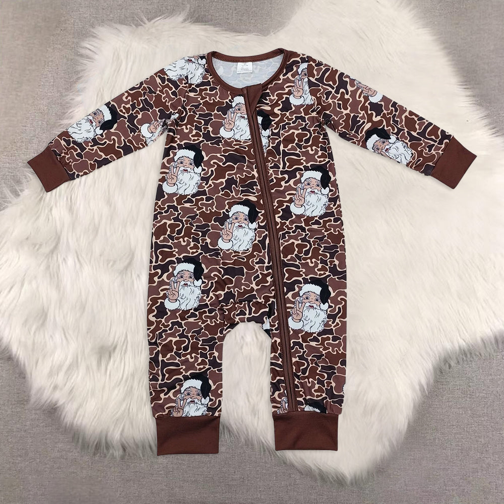 RTS NO MOQ Sibling Baby Boy Christmas Camouflage Santa Claus Bamboo Pajama Set and Long Zip-Up Romper