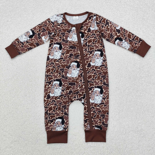 BAMBOO RTS NO MOQ ETA 5/7days LR1820 Modal Santa Claus Brown Camouflage Zipper Long Sleeve Bodysuit