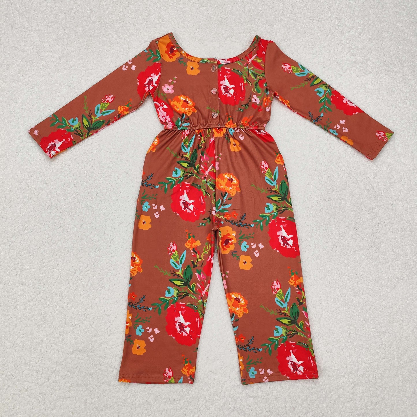 RTS NO MOQ ETA 5/7days Arrived LR1834 Pocket flower leaf brown long-sleeved jumpsuit