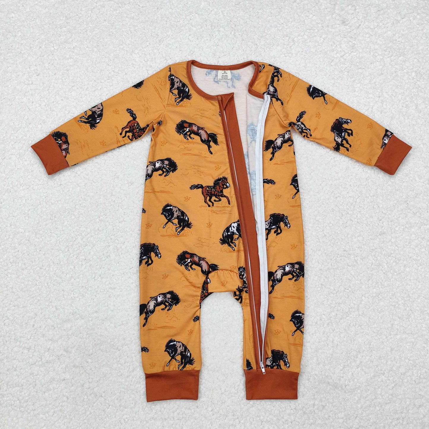 BAMBOO RTS NO MOQ ETA 5/7days Arrived LR1857 Modal Horse Yellow Brown Zipper Long Sleeve Bodysuit