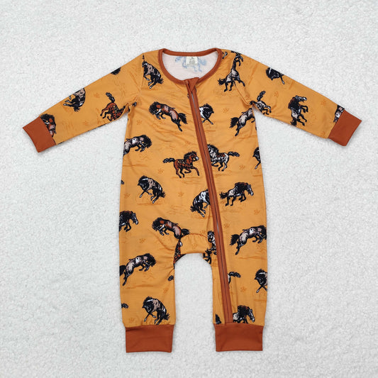 BAMBOO RTS NO MOQ ETA 5/7days Arrived LR1857 Modal Horse Yellow Brown Zipper Long Sleeve Bodysuit