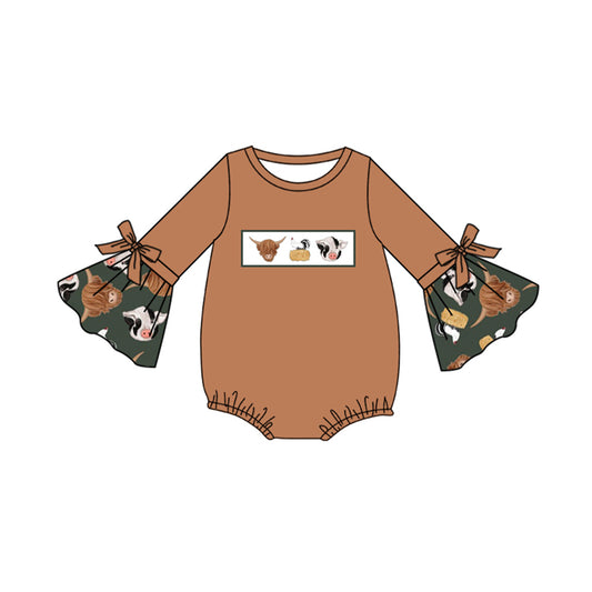 no moq sales LR1887 pre-order baby girls clothes cow head brown long sleeve Romper-2024.9.2