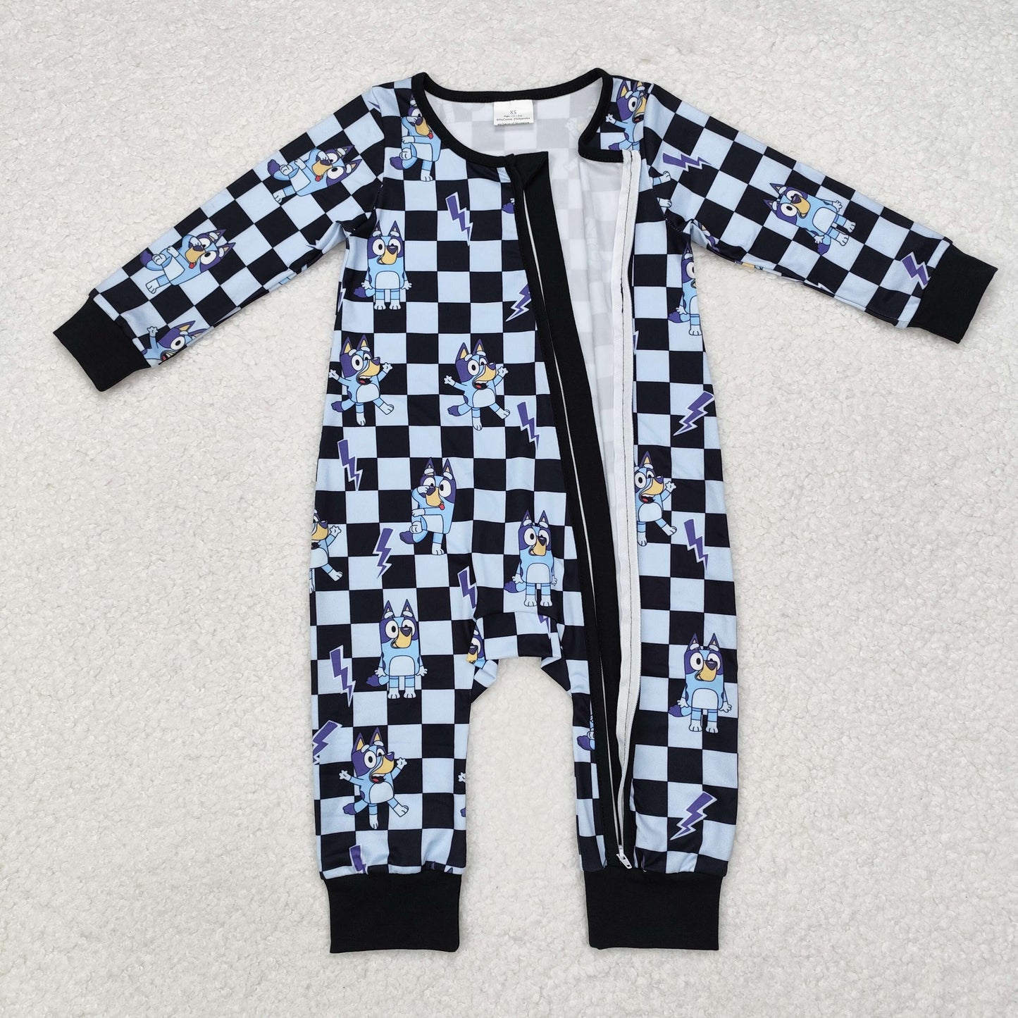 RTS NO MOQ ETA 5/7days LR1910 Cartoon bluey bluey blue black plaid zipper long sleeve jumpsuit