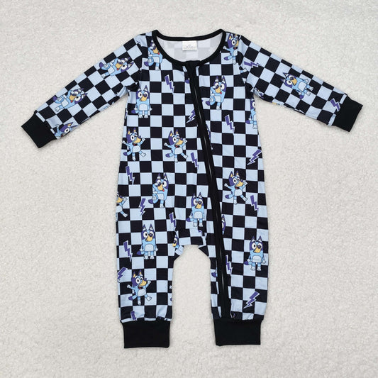 RTS NO MOQ ETA 5/7days LR1910 Cartoon bluey bluey blue black plaid zipper long sleeve jumpsuit