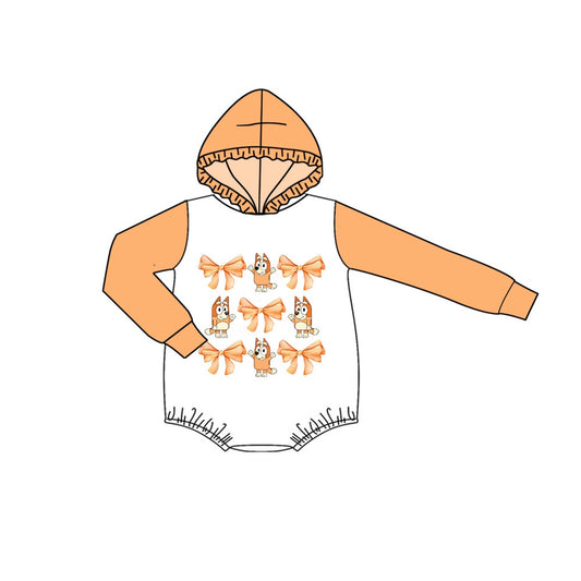 no moq sales LR1921 pre-order baby girls clothes cartoon dog bow orange hooded long sleeve Romper-2024.9.6