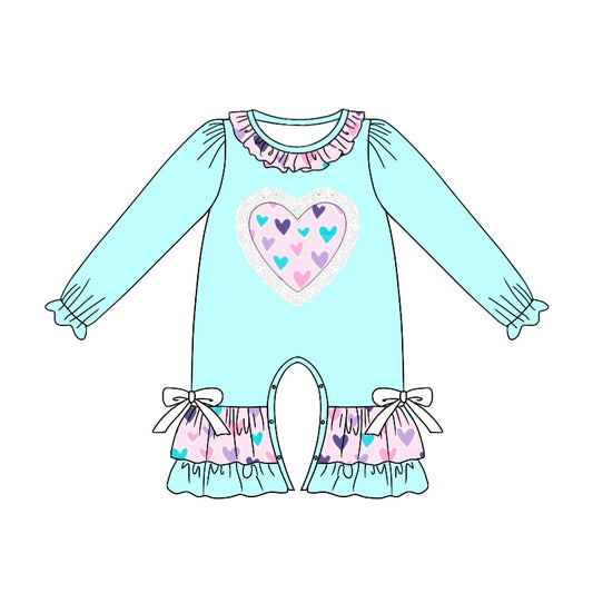 no moq sales LR1927 pre-order baby girls clothes love teal long sleeve Romper-2024.9.7