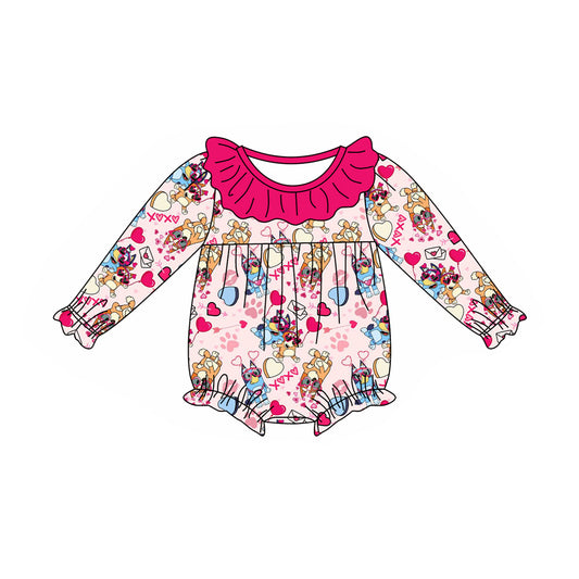 no moq sales LR1935 pre-order baby girls clothes cartoon dog xoxo rose red long sleeve Romper-2024.9.9