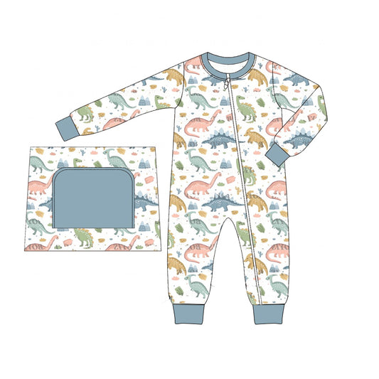 no moq sales LR1938 pre-order baby boys clothes dinosaur blue long sleeve Romper-2024.9.9