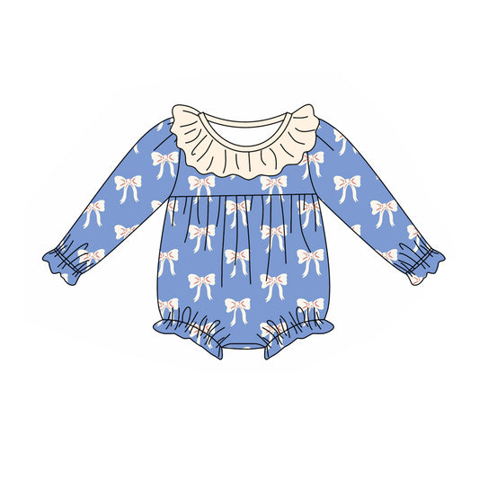 no moq sales LR1941 pre-order baby girls clothes bow blue long sleeve Romper-2024.9.9